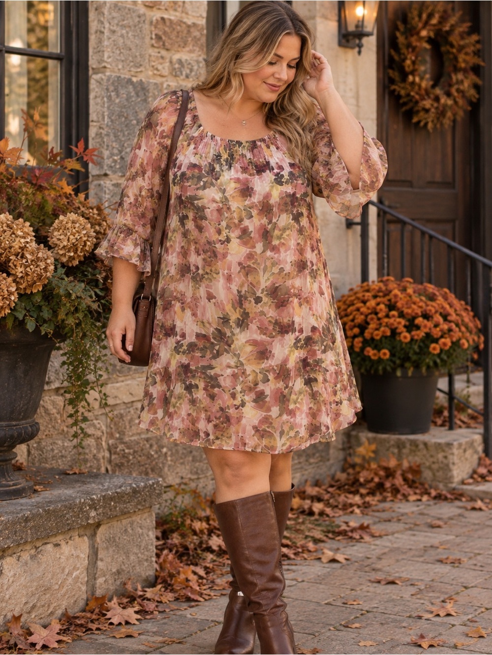 Zac & Rachel 1X Watercolor Floral Peasant Tunic Dress Boho Cottagecore